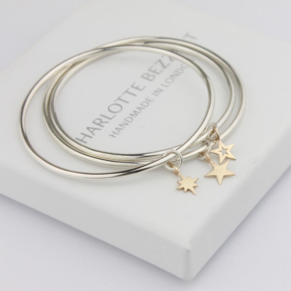 Set of Three Handmade Silver Bangles With 9ct Gold Stars. Etsy