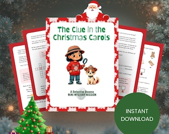 May include: A Christmas Mini Mystery game set titled The Clue in the Christmas Carols. The cover features a cartoon character in a red sweater and hat with a dog, both wearing detective gear. Includes printed activity pages and text.