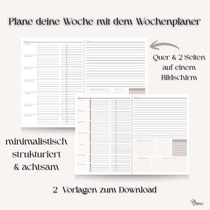 Könnte beinhalten: Zwei minimalistische Wochenplaner-Vorlagen mit linierte Abschnitten für die tägliche und wöchentliche Planung. Der Text auf dem Bild lautet "Plane deine Woche mit dem Wochenplaner", "Quer & 2 Seiten auf einem Bildschirm", "minimalistisch strukturiert & achtsam" und "2 Vorlagen zum Download".