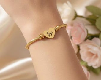 Personalized Heart Charm Cuff Bracelet, Engraved Initial Jewelry