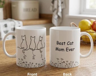 Personalized Cat Line Art Mug, Custom Cat Name Keepsake, Pet Mom Gift