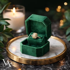 May include: A gold ring featuring a rectangular centre stone surrounded by a halo of small clear stones, presented inside an octagonal dark green velvet ring box. The ring has a thin band with a delicate beaded texture along the metal surface.