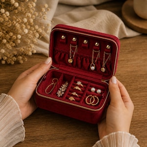 Caja de joyería de terciopelo personalizada – Estuche de viaje para joyas hecho a mano - Regalo para ella