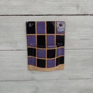 Handmade Ceramic Wall Pocket Vase | Black Purple Checkered Stoneware Decor