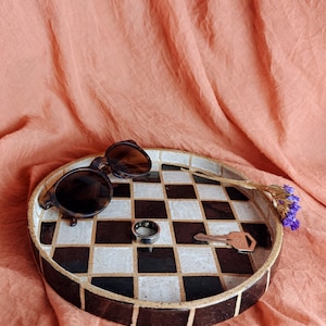 Handpainted Checkered Tile Tray | Handmade Ceramic Catchall Dish |