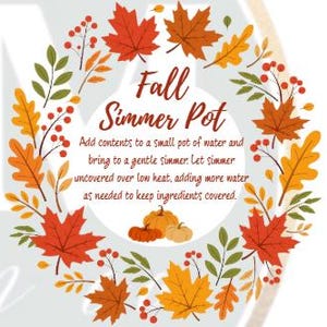 Puede incluir: Un gráfico circular con una corona de hojas de otoño naranjas, rojas y amarillas y bayas rojas. El texto central dice: Fall Simmer Pot. Añada el contenido a una pequeña olla con agua y deje hervir a fuego lento sin tapar a baja temperatura.