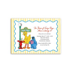May include: A rectangular birthday invitation featuring Elmo, Big Bird, and Cookie Monster next to a Sesame Street sign. The border has yellow vertical stripes and a blue wavy line. Text includes: Two Years of Sunny Days... Anna is turning 2!
