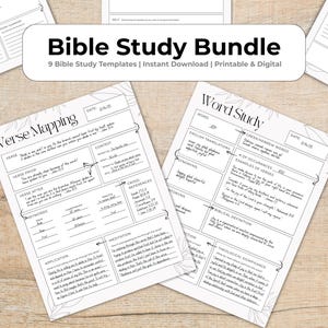 Peut inclure: Un ensemble de modèles d'étude biblique imprimables, dont des feuilles "Verse Mapping" et "Word Study". Les modèles sont en noir et blanc avec des accents floraux et le texte "Bible Study Bundle" en haut.