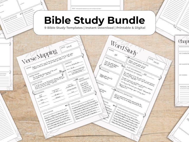 May include: A bundle of printable Bible study templates, including "Verse Mapping" and "Word Study" sheets. The templates are black and white with floral accents and the text "Bible Study Bundle" at the top.