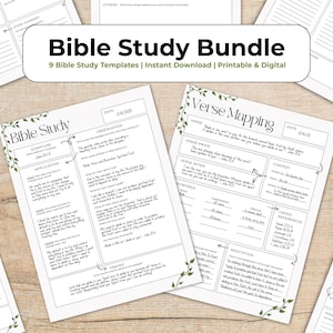May include: A collection of printable Bible study templates. The main image shows two detailed worksheets with floral accents, labeled "Bible Study" and "Verse Mapping." The text "Bible Study Bundle" is at the top, with the description "9 Bible Study Templates | Instant Download | Printable & Digital."