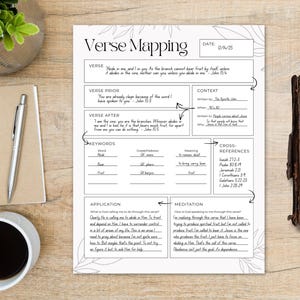 May include: A white printed "Verse Mapping" worksheet with handwritten notes, a pen, a notebook, a cup of coffee, and a Bible on a wooden surface. The worksheet includes sections for verse, keywords, and cross-references.