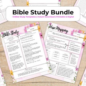 May include: A collection of printable Bible study templates with floral accents. The templates include sections for scripture, observation, application, verse mapping, and more. The text "Bible Study Bundle" is at the top.