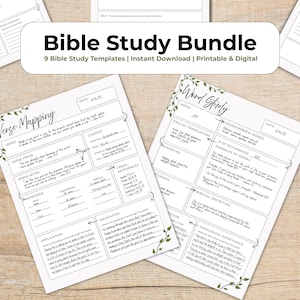 Puede incluir: Un paquete de estudio bíblico con plantillas para el mapeo de versículos y el estudio de palabras. Las plantillas están impresas en papel blanco con texto negro y acentos florales decorativos. El título "Bible Study Bundle" se muestra en un rectángulo blanco redondeado.