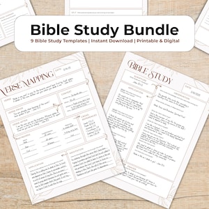 Peut inclure: Un ensemble de modèles d'étude biblique imprimables, avec le texte "Bible Study Bundle" et "9 Bible Study Templates | Instant Download | Printable & Digital". Les modèles comprennent des sections pour la cartographie des versets, l'Écriture et l'application.