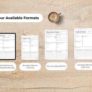 May include: Image showing four study formats: Word Study, Chapter Study, Character Study, and Topical Study. Formats include an annotated notes app, A5 Letter (148 mm x 210 mm), Print US Letter (8.5"x11"), and A4 Letter (210 mm x 297 mm). A cup of coffee is visible.