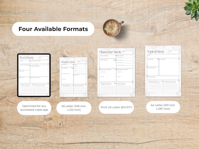 May include: Image showing four study formats: Word Study, Chapter Study, Character Study, and Topical Study. Formats include an annotated notes app, A5 Letter (148 mm x 210 mm), Print US Letter (8.5"x11"), and A4 Letter (210 mm x 297 mm). A cup of coffee is visible.