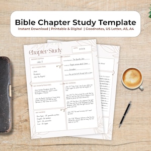 May include: A Bible Chapter Study Template with the title "Bible Chapter Study Template" in a white banner. The template includes sections for book/chapter, key characters, key events/teaching, key words, and key verses. A cup of coffee, a pen, and a Bible are also visible.