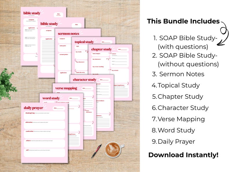 Pink Bible Study Template Bundle | 9 Printable and Digital Sheets ...