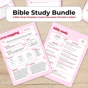 May include: A collection of pink Bible study templates with the text "Bible Study Bundle" and "9 Bible Study Templates | Instant Download | Printable & Digital". The templates include sections for verse mapping and other study elements.