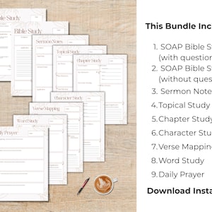 Może przedstawiać: Zestaw drukowanych stron do studiowania Biblii z kwiatowymi akcentami, w tym SOAP Bible Study, Sermon Notes i Daily Prayer. Widoczna jest r&oacute;wnież filiżanka kawy i długopis.