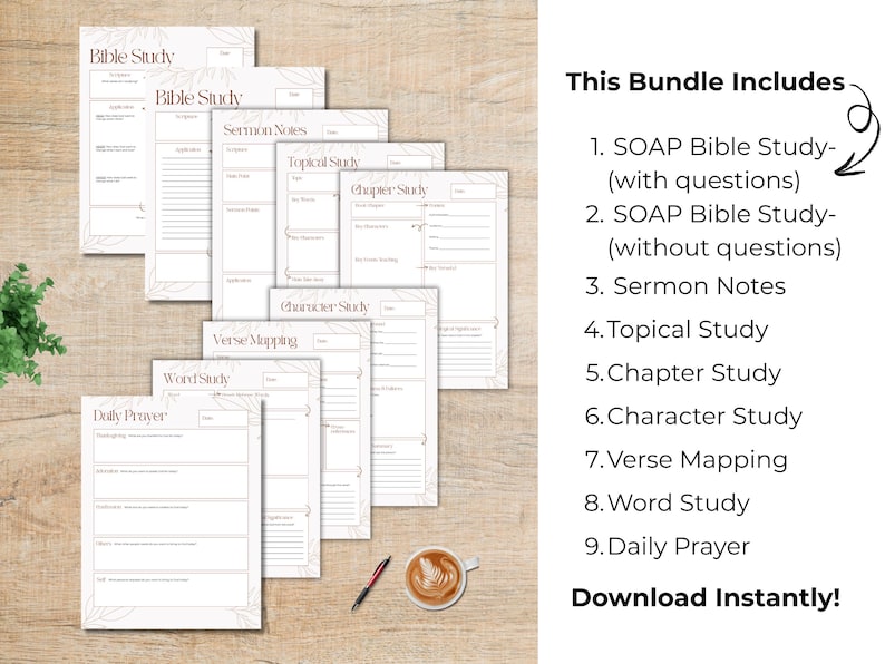 Może przedstawiać: Zestaw drukowanych stron do studiowania Biblii z kwiatowymi akcentami, w tym SOAP Bible Study, Sermon Notes i Daily Prayer. Widoczna jest r&oacute;wnież filiżanka kawy i długopis.