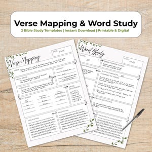 May include: Two white Bible study templates, "Verse Mapping" and "Word Study", are displayed on a wooden surface. The templates have a minimalist design with black text and green floral accents. A pen and a cup of coffee are also on the table.