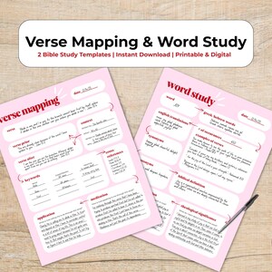 May include: Two pink Bible study templates titled "Verse Mapping" and "Word Study" are displayed on a wooden surface. The templates feature fill-in sections for verses, keywords, and definitions. A pen and a cup of coffee are also on the table.