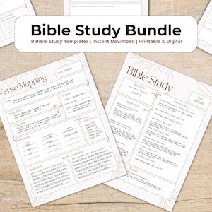 Puede incluir: Un conjunto de plantillas imprimibles para el estudio de la Biblia con una combinación de colores neutros. La imagen presenta varias páginas con indicaciones para el mapeo de versículos, el estudio de las Escrituras y la reflexión personal. El texto "Bible Study Bundle" se muestra de forma destacada.