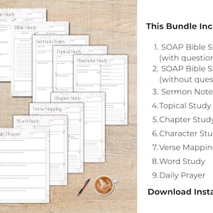May include: A bundle of nine printable Bible study templates, including SOAP Bible Study, Sermon Notes, and Daily Prayer sheets. The pages are white with a minimalist design and floral accents. The text "This Bundle Includes" and a list of the included items are visible.