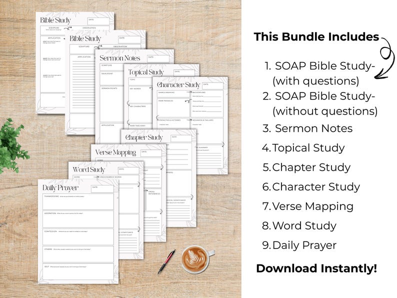 May include: A bundle of nine printable Bible study templates, including SOAP Bible Study, Sermon Notes, and Daily Prayer sheets. The pages are white with a minimalist design and floral accents. The text "This Bundle Includes" and a list of the included items are visible.