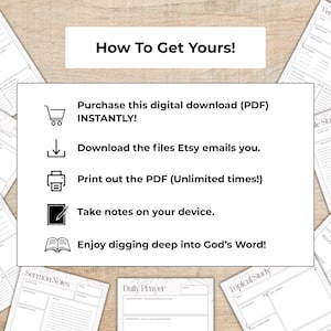 May include: A digital download product with instructions on how to obtain it. The image shows a white background with text that says "How To Get Yours!" and instructions on how to purchase, download, and print the PDF. Several study sheets are scattered around the main image.