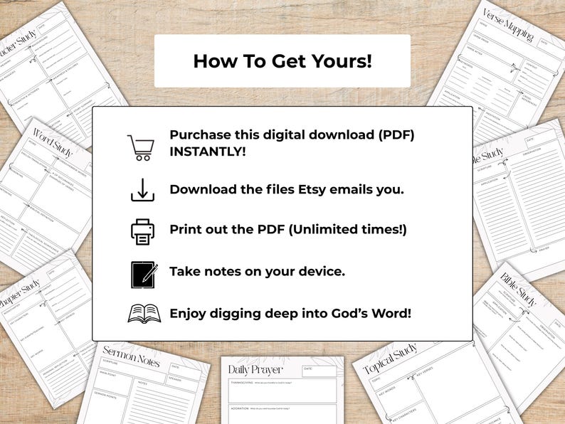 May include: A digital download product with instructions on how to obtain it. The image shows a white background with text that says "How To Get Yours!" and instructions on how to purchase, download, and print the PDF. Several study sheets are scattered around the main image.
