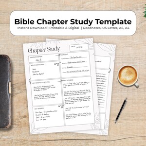 May include: A Bible Chapter Study Template with the text "Bible Chapter Study Template" and "Chapter Study". The image includes a leather-bound book with a cross, a cup of coffee, a pen, and a succulent plant on a wooden surface.