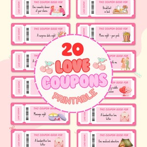 Puede incluir: Un conjunto de 20 cupones de amor rosas con ideas románticas. Cada cupón presenta textos como "Una cena romántica" y "Noche de cine". El diseño central dice "20 Love Coupons Printable".