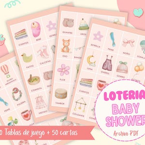 Puede incluir: Un conjunto de tarjetas de lotería para baby shower con ilustraciones de acuarela de artículos para bebés. Las tarjetas son rosas con imágenes y palabras en español. El texto en las tarjetas dice "LOTERIA BABY SHOWER" y "10 Tablas de juego + 50 cartas."
