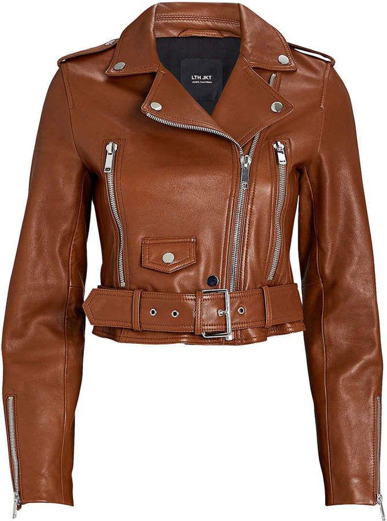 May include: A brown leather motorcycle jacket with a notched collar, asymmetrical zipper closure, and a belted waist. The jacket features silver hardware, including zippers on the sleeves and pockets. The label reads "LTH JKT".