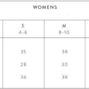 May include: A size chart for women's clothing, with measurements in inches. The chart includes sizes XS to XL, with corresponding chest, waist, and hip measurements. The text "WOMENS" is at the top.