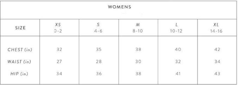 May include: A size chart for women's clothing, with measurements in inches. The chart includes sizes XS to XL, with corresponding chest, waist, and hip measurements. The text "WOMENS" is at the top.