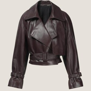 13. Soft inner lining and stitching detail of women’s short leather jacket