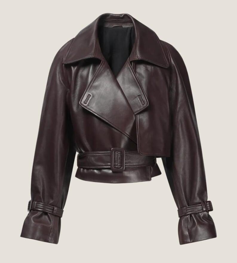 13. Soft inner lining and stitching detail of women’s short leather jacket