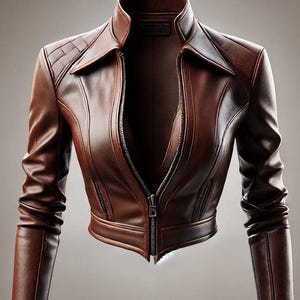 May include: A brown leather jacket with a zipper closure. The jacket has a collared neckline and quilted shoulder detailing. The sleeves are long and fitted. The jacket is a rich, warm brown color.