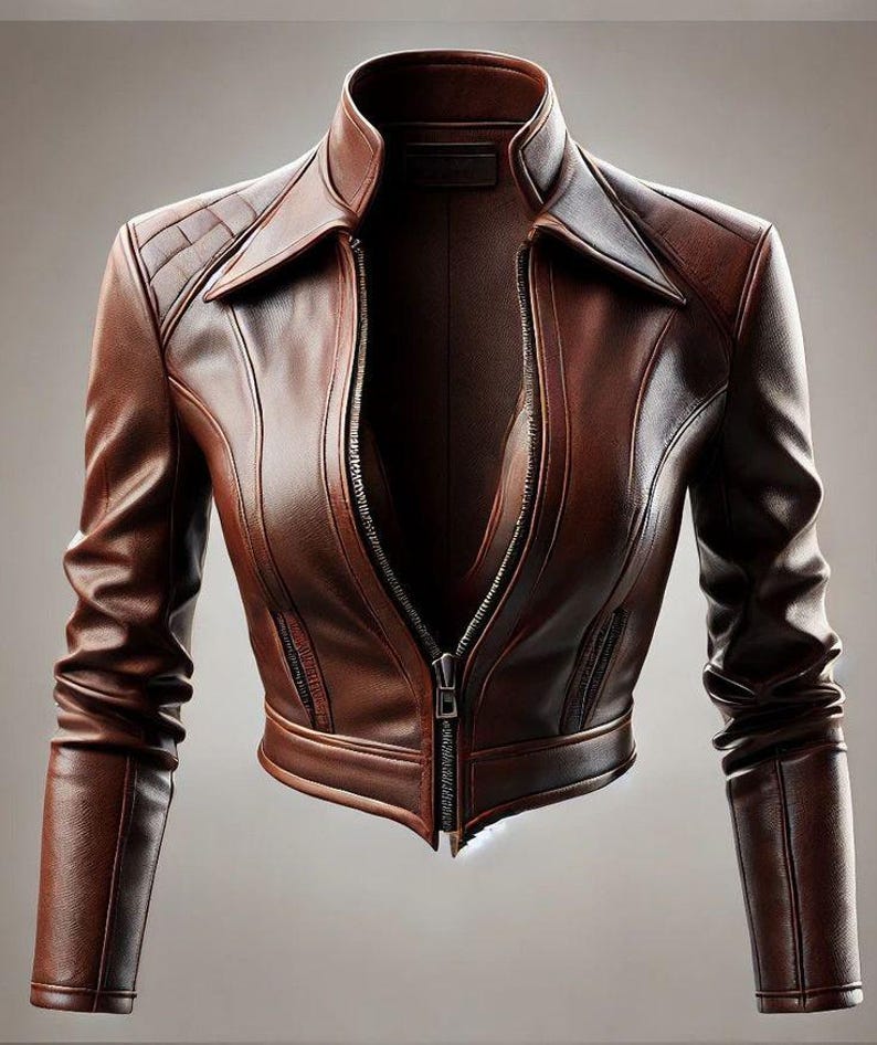 May include: A brown leather jacket with a zipper closure. The jacket has a collared neckline and quilted shoulder detailing. The sleeves are long and fitted. The jacket is a rich, warm brown color.
