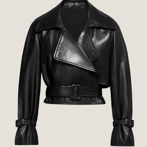 15. Front and side view of women’s belted lambskin leather jacket – UK Creations