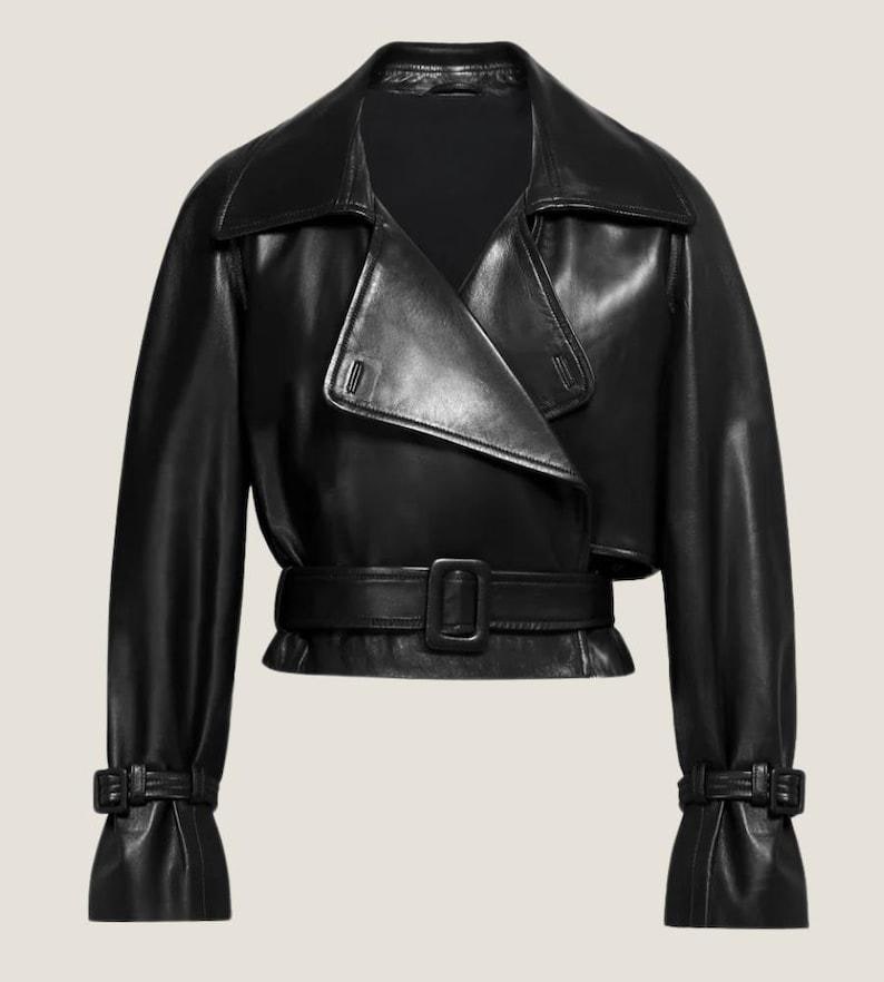 15. Front and side view of women’s belted lambskin leather jacket – UK Creations