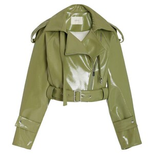 May include: A glossy, olive green motorcycle jacket with a wide collar, asymmetrical zipper, and belted waist. The jacket features a shiny, patent leather-like finish and silver hardware. The design includes a small label near the collar.