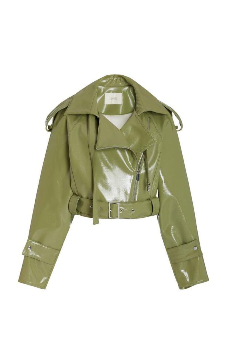May include: A glossy, olive green motorcycle jacket with a wide collar, asymmetrical zipper, and belted waist. The jacket features a shiny, patent leather-like finish and silver hardware. The design includes a small label near the collar.