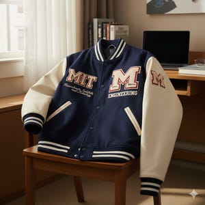 Könnte beinhalten: Eine marineblaue und cremefarbene Collegejacke mit den Buchstaben "MIT" und "M" prominent dargestellt. Die Jacke hat weiße Ärmel, einen gestreiften Kragen und Bündchen sowie die Worte "Massachusetts Institute of Technology" und "ENGINEERING". Die Jacke wird auf einem Holzstuhl präsentiert.