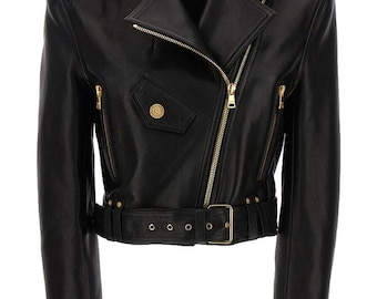 Women's Cropped Lambskin Leather Jacket – Belted Short Streetwear Coat – Available in Burgundy, Brown & Black Color - Best Gift For Her