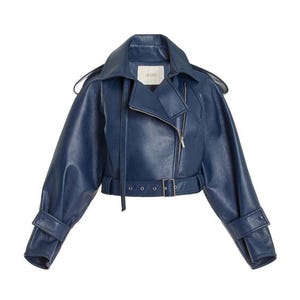 May include: A navy blue leather jacket with a classic biker style. Features include a notched collar, asymmetrical zip closure, belted waist, and zippered cuffs. The jacket has a slightly oversized fit and the brand name "LIPONTE" is visible on the collar.