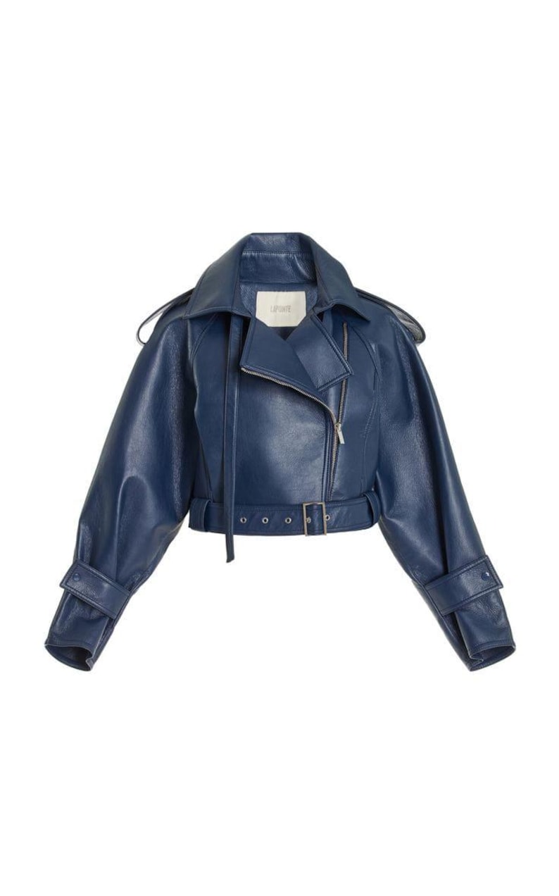 May include: A navy blue leather jacket with a classic biker style. Features include a notched collar, asymmetrical zip closure, belted waist, and zippered cuffs. The jacket has a slightly oversized fit and the brand name "LIPONTE" is visible on the collar.